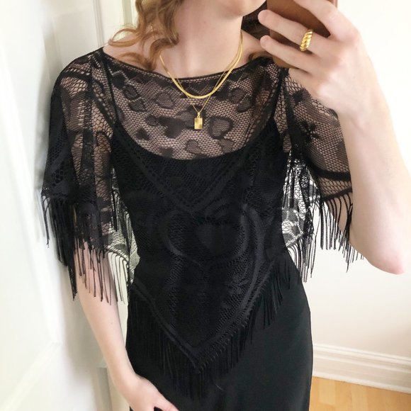 Stunning Vintage Lace Fringe Dark Midi Dress S/M - Picture 3 of 7